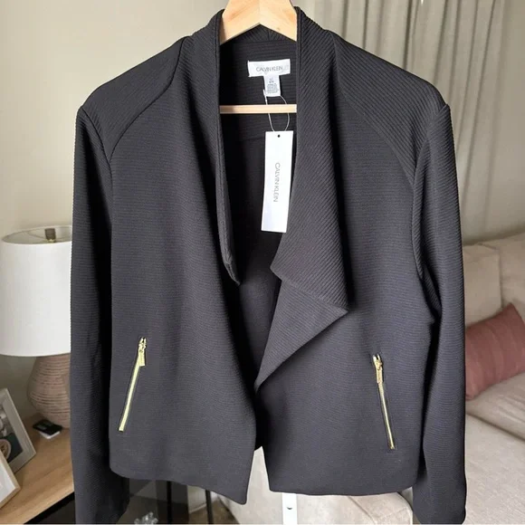 CALVIN KLEIN WOMEN’S MODERN ESSENTIALS Open Jacket Black W/Gold Zippers Sz L NWT - Picture 2 of 12
